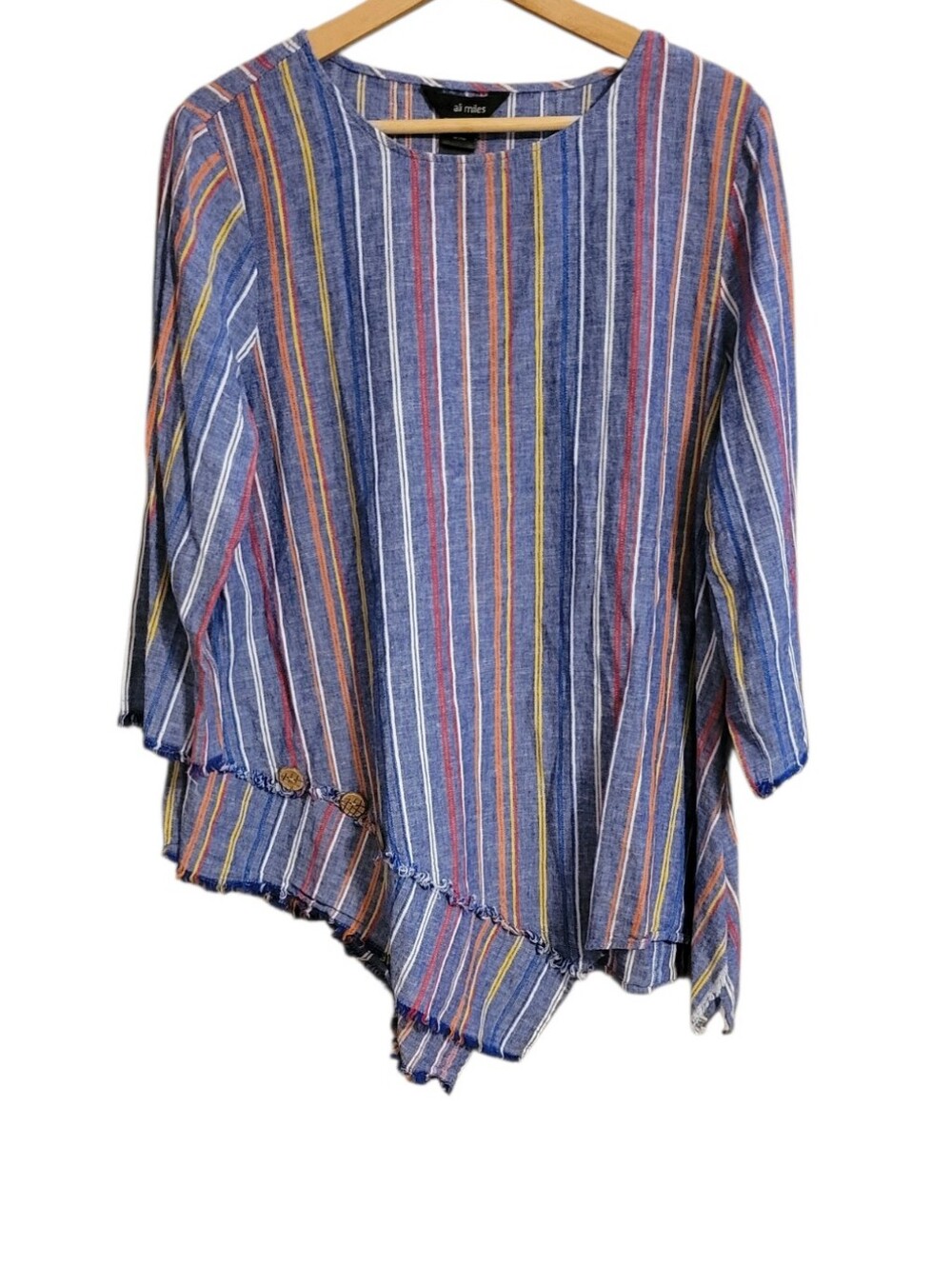 Ali Miles Blue Striped Linen Blend Lagenlook Top